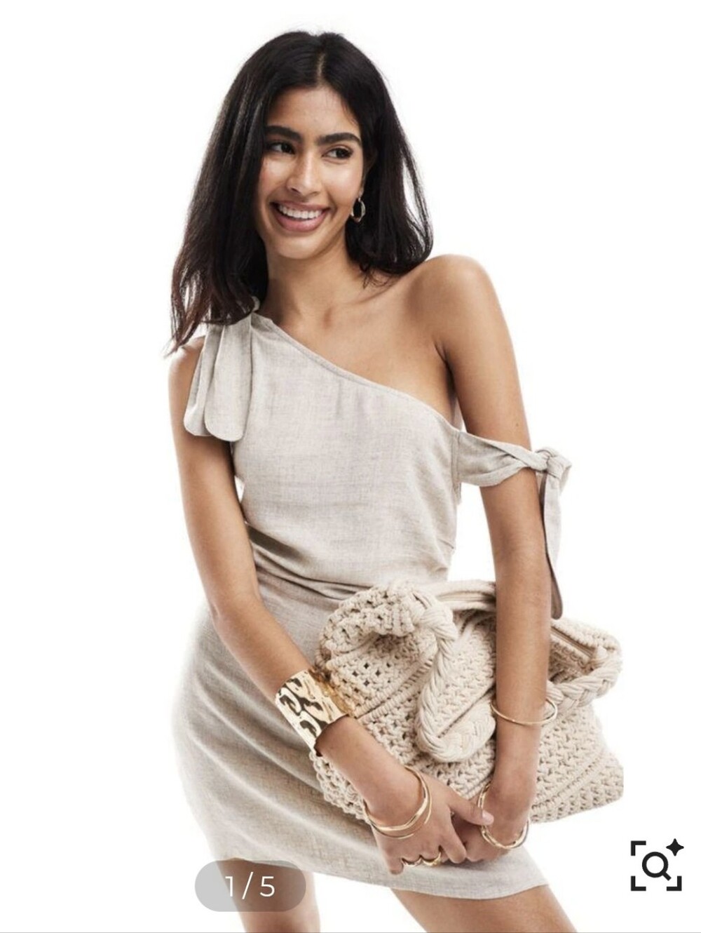 ASOS One-Shoulder Linen Mini Dress in Oat